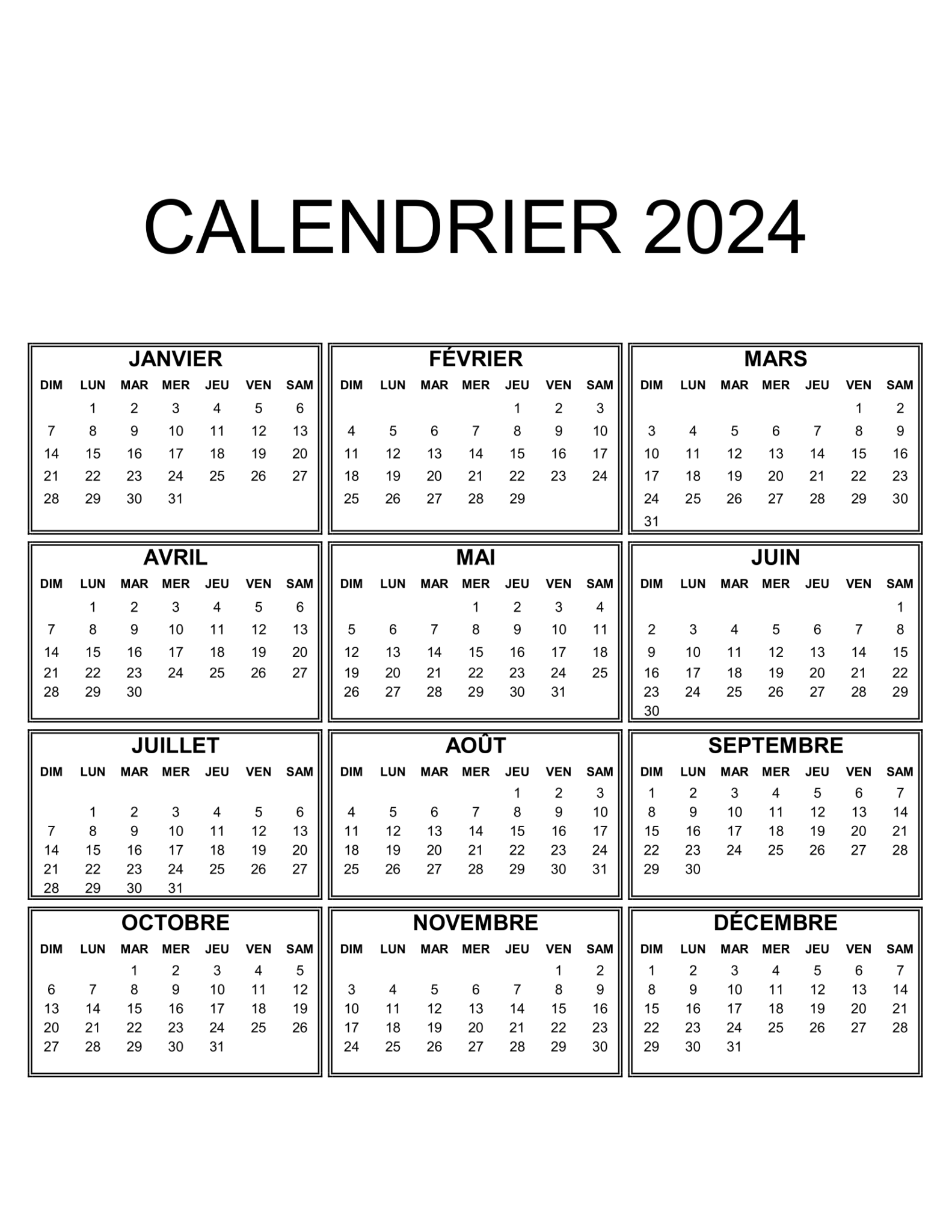 Calendrier Annuel 2024 à Imprimer Gratuit